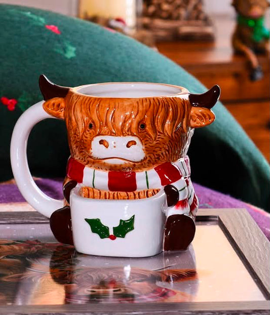 Festive Hand Painted Highland Cow Mug - Brown