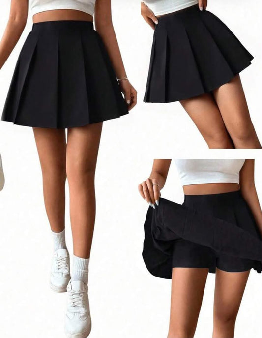 2 pcs Pleated High Waist Skirt With Built-In Shorts,2-In-1 Skirt Pants,School Casual Summer Back-To-School