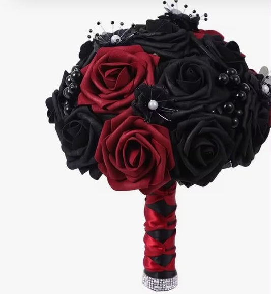 Gothic Skull Black Red Rose Wedding Bouquet Halloween Party Bridal Hand Flower Decor