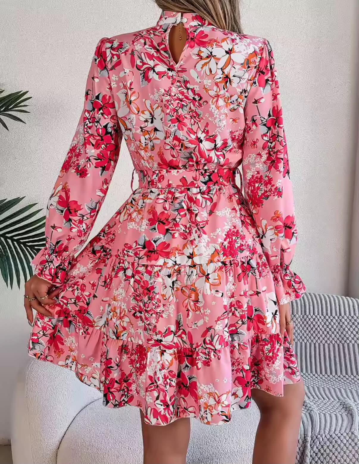 Elegant Mock Neck Belted Ruffle Hem