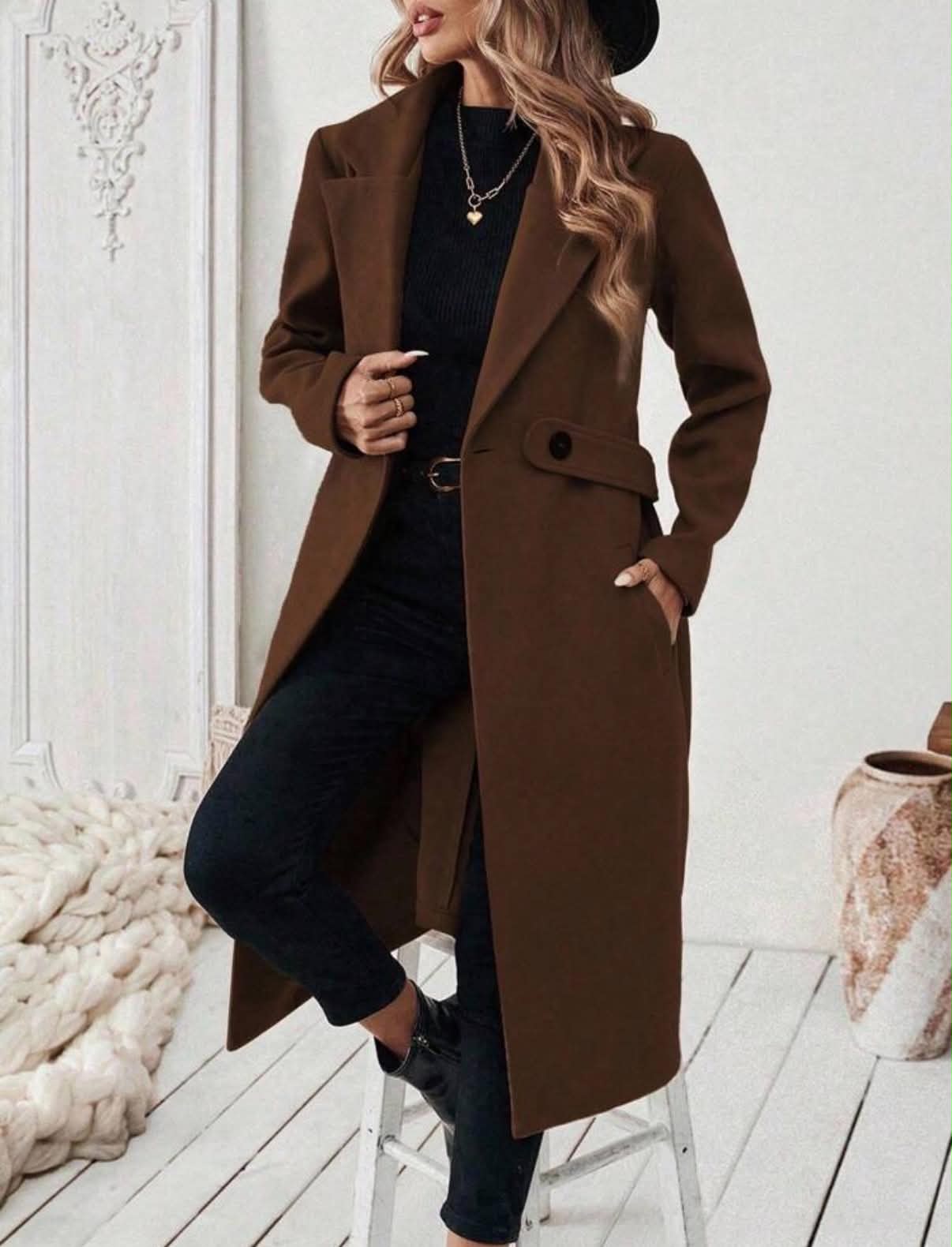 Plus Size Women's Elegant Formal Evening, Office Dark Wash Autumn Lapel Cinched Waist Button Pocket Mid-Length Coat, Classic Minimalist Long Jacket