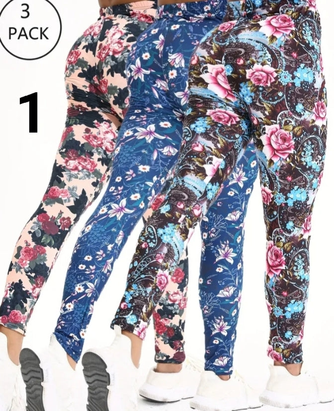 3 Pack Women's Yoga Sports Leggings Four-way Stretch Breathable Beautiful Leaf Floral Print Comfortable High Elastic Fabric Nine Points Pants Fitness Training Trousers
