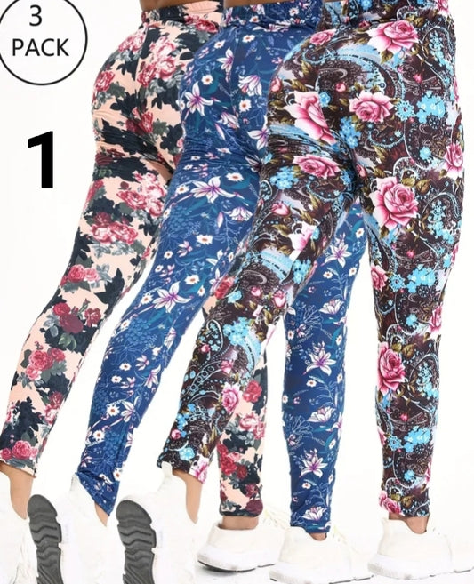 3 Pack Women's Yoga Sports Leggings Four-way Stretch Breathable Beautiful Leaf Floral Print Comfortable High Elastic Fabric Nine Points Pants Fitness Training Trousers