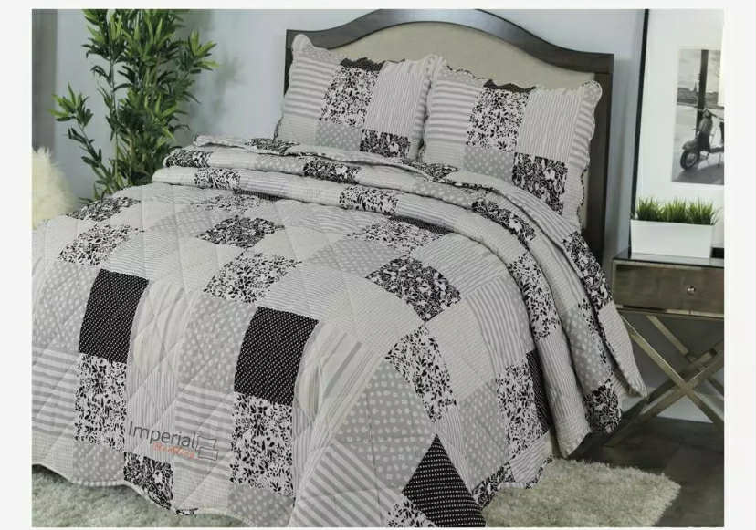 Luciana Silver Grey Patchwork Reversible Bedspread 3 Piece Quilt Bed Comfort set