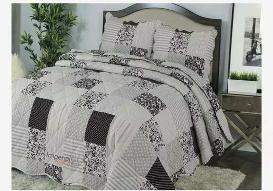 Luciana Silver Grey Patchwork Reversible Bedspread 3 Piece Quilt Bed Comfort set