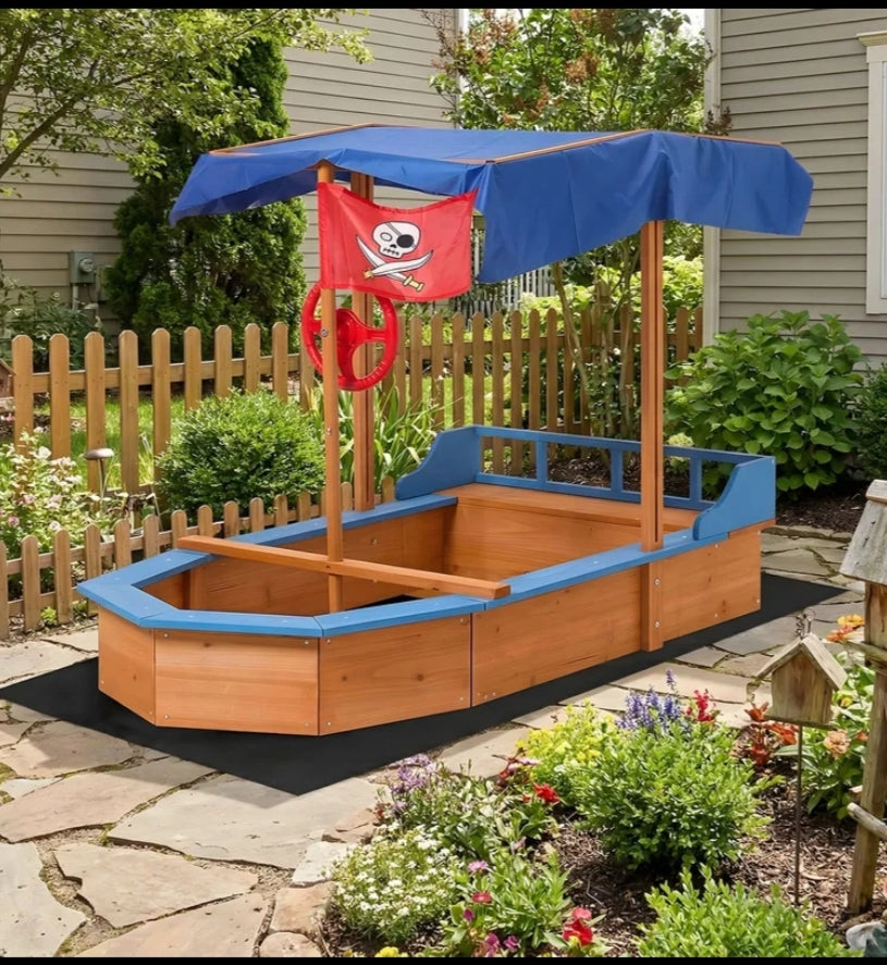 Sand pit mud box Wooden Sandbox, Pirate Ship Sandpit with Bench Seats, Hidden Storage, Flag, Rudder & Non-woven Fabric Liner, Garden Sand Pit