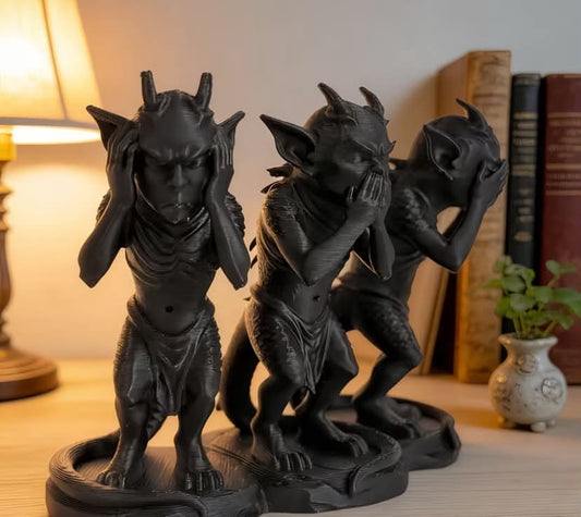 A Collection of 1-3 Gothic Devil Figures, Representing Undead Malevolence And Hidden Darkness, Featuring Matte Black Finishes. These Dark Fantasy Desk Ornaments Are Perfect for Fans of Gothic Aesthetics