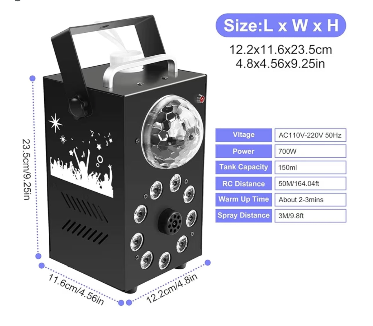 Smoke Machine, 700W Fog Machine, 9 LED Lights with Disco Ball, Remote Control with Strobe, Auto,