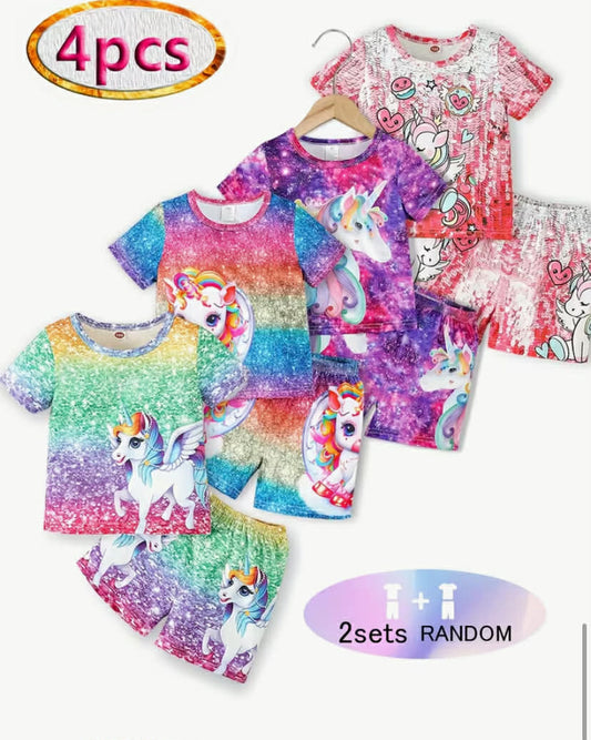 4pcs Set of Outdoor Clothing for Girls (Randomly Sending 2 Sets of Patterns, Totaling 4 pcs), Featuring a 3D Unicorn Print. Handcrafted