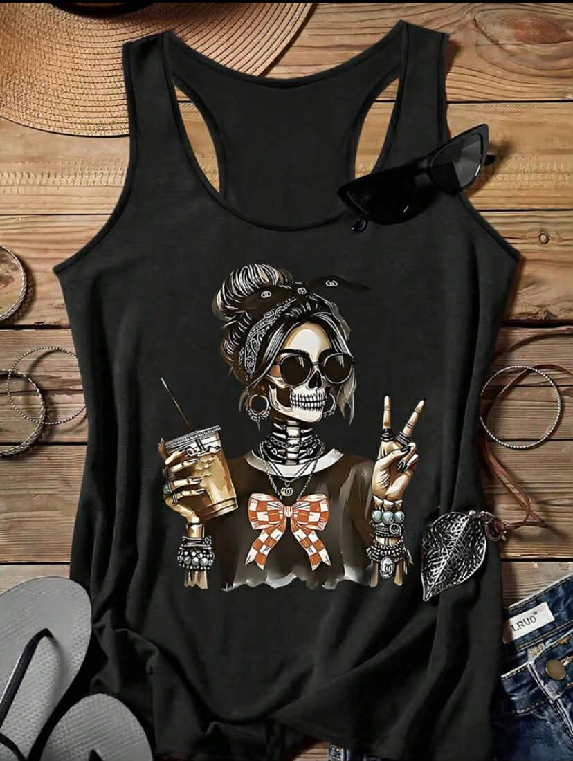 Casual Minimalist Skull Print Camisole Tank Top For Plus Size Women