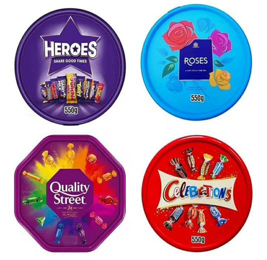 Assorted Chocolate Tubs Pack 4 x 550g – Roses, Heroes, Quality Street & Celebrations – Party Sharing,  Treats & Family Favourites