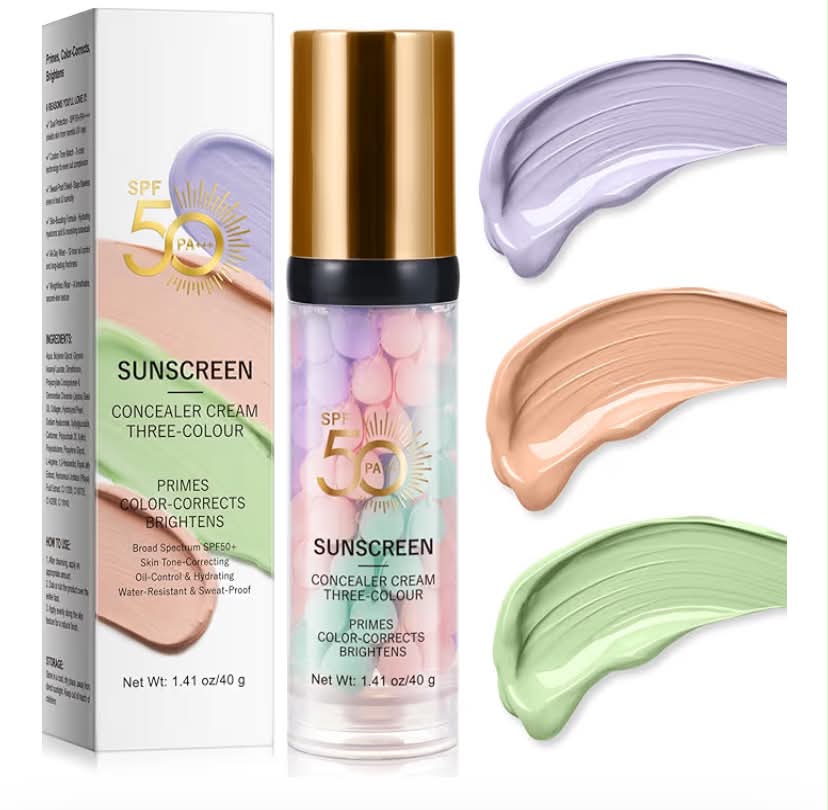 3 In 1 Primer Makeup,SPF 50 Sunscreen Isolation Cream, One Step Color Correcting Primer,Hydrating,Oil Control Facial Serum & Concealer Skin Tone,Even Skin Tone,Radiance Skin (40g)