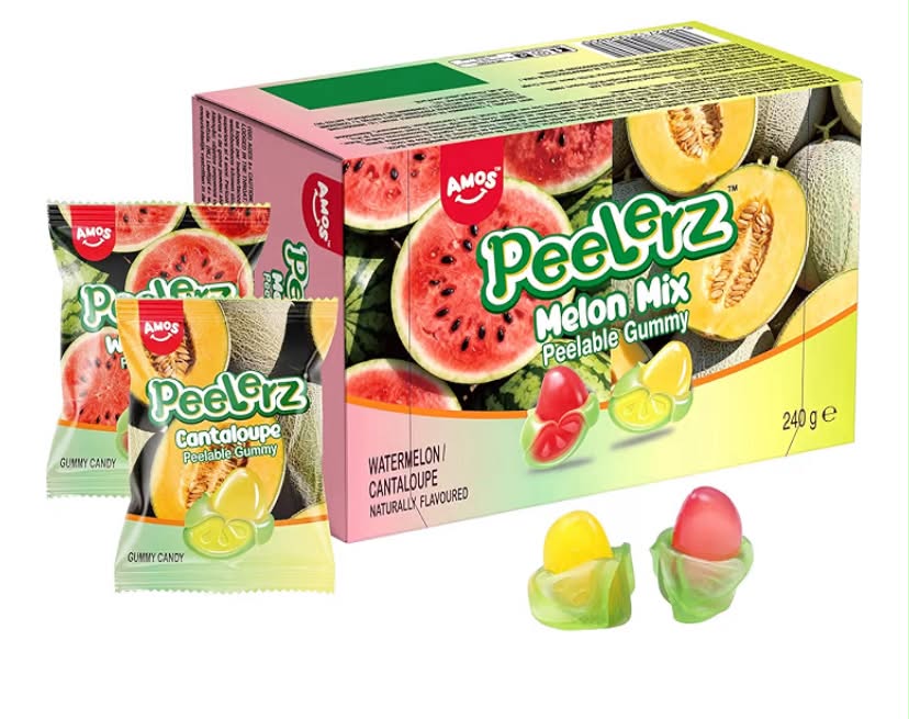 Peelerz Melon Mix Peelable Gummy Candy with Watermelon & Cantaloupe, Naturally Flavored Fruit Snacks with 10 Individual Pouches, Fun 3D Peeling Candy for Party, Family, Travel & Gift Box(240G)