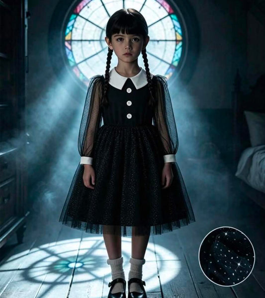 Halloween Dark Style Sequin Mesh Puff Long Sleeve Collared Dress,