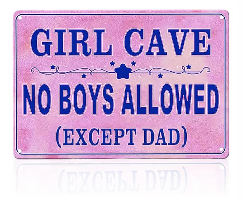 Girl Cave Sign – No Boys Allowed (Except Dad) – Cute Room Decor for Teen Girls, Pink Metal Wall Signs, Fun Bedroom Accessories for Girl, 8 x 12 Inches No Boys Allowed Sign for Girls
