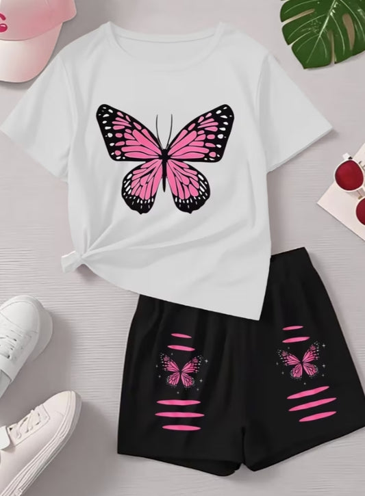 Creative "Striped Butterfly" Print Pattern, Summer Suit Trendy Girl Outfit, Soft Sports Casual Short-Sleeved Shorts