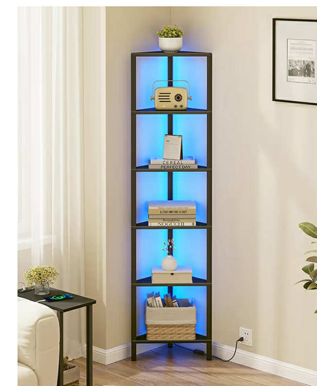Corner Bookshelf with LED Light, 6-Tier Corner Shelf for Small Space, Narrow Display Corner Shelf Stand with Storage Rack, for Living Room, bedroom, Pure White