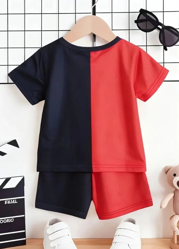 Boys  Color - block Set Red-black Contrast Tee Matching Shorts Turns into Little Street Hero Instantly