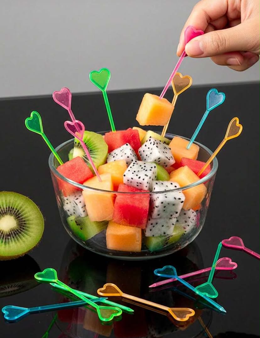 200 Multi-Color Fruit Picks, Heart Fruit Skewers, Toothpicks, Heart-Shaped Cocktail Appetizer Sticks, Food Picks, Sandwich & Beverage Picks