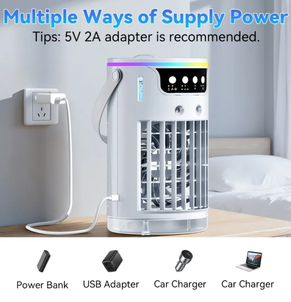This Is a Versatile 3-In-1 Air Conditioning Fan That Features USB-C Charging, Humidifying And Cooling Functions, a 40.57Oz Water Reservoir, Remote Control, Timer, Seven Color LED Lights, And Various Fan Speeds.