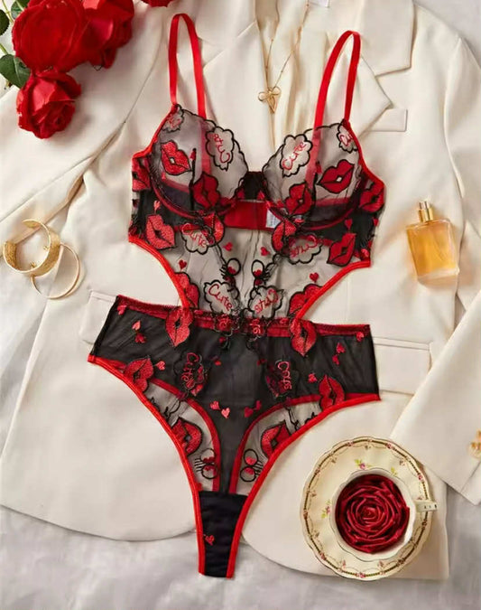 Cute Red Lips Embroidery Lace Bodysuits
