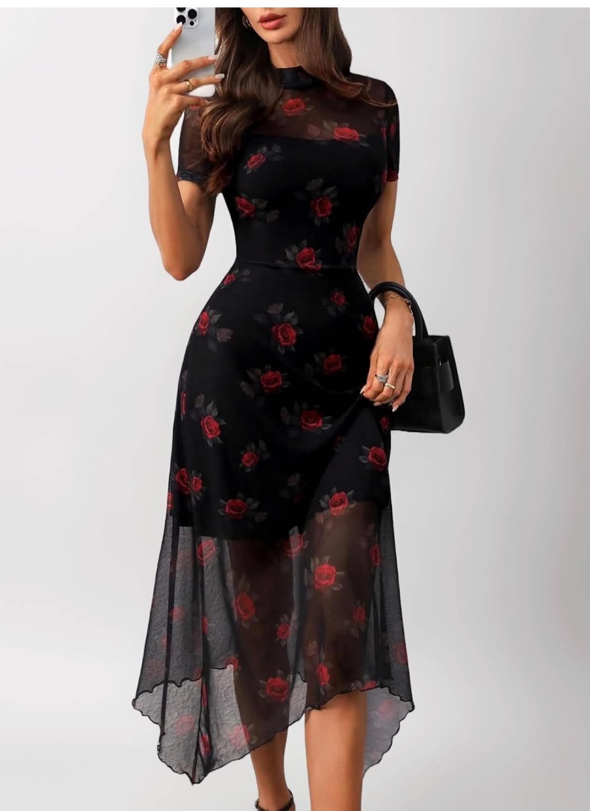 Black Rose Mesh Midi Dress