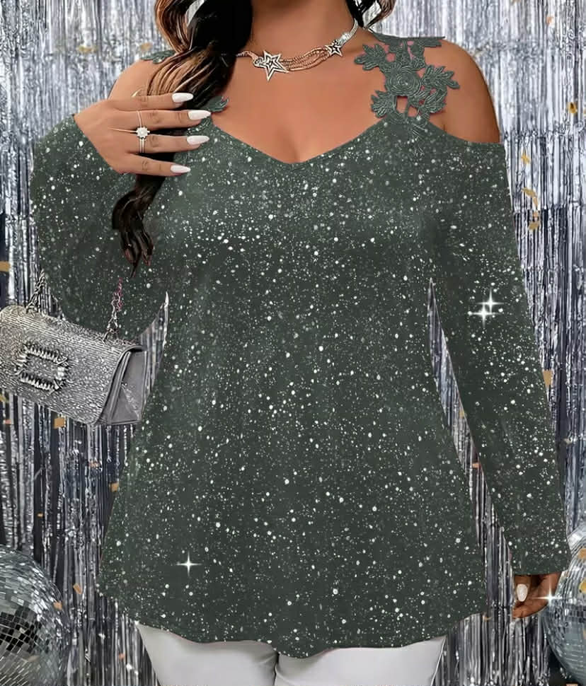 Directional Development of New European And American Fashion Printed Plus-Size Lace Patchwork Off-Shoulder Tops