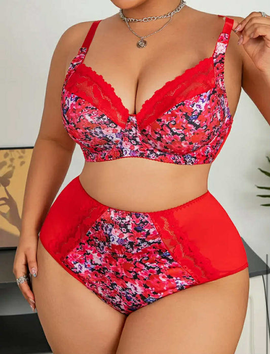 Plus Size Women'S Sexy Lingerie Set with Printed Lace Stitching