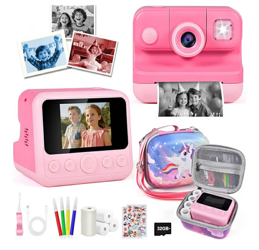 Kids Camera - 2.4'' Instant Camera for Kids with 4 Rolls Print Paper & 32GB Card, 1080P Selfie Kids Digital Cameras - Birthday Kids Toys Gifts for Girls Boys Aged 3-12 (Pink with Bag)