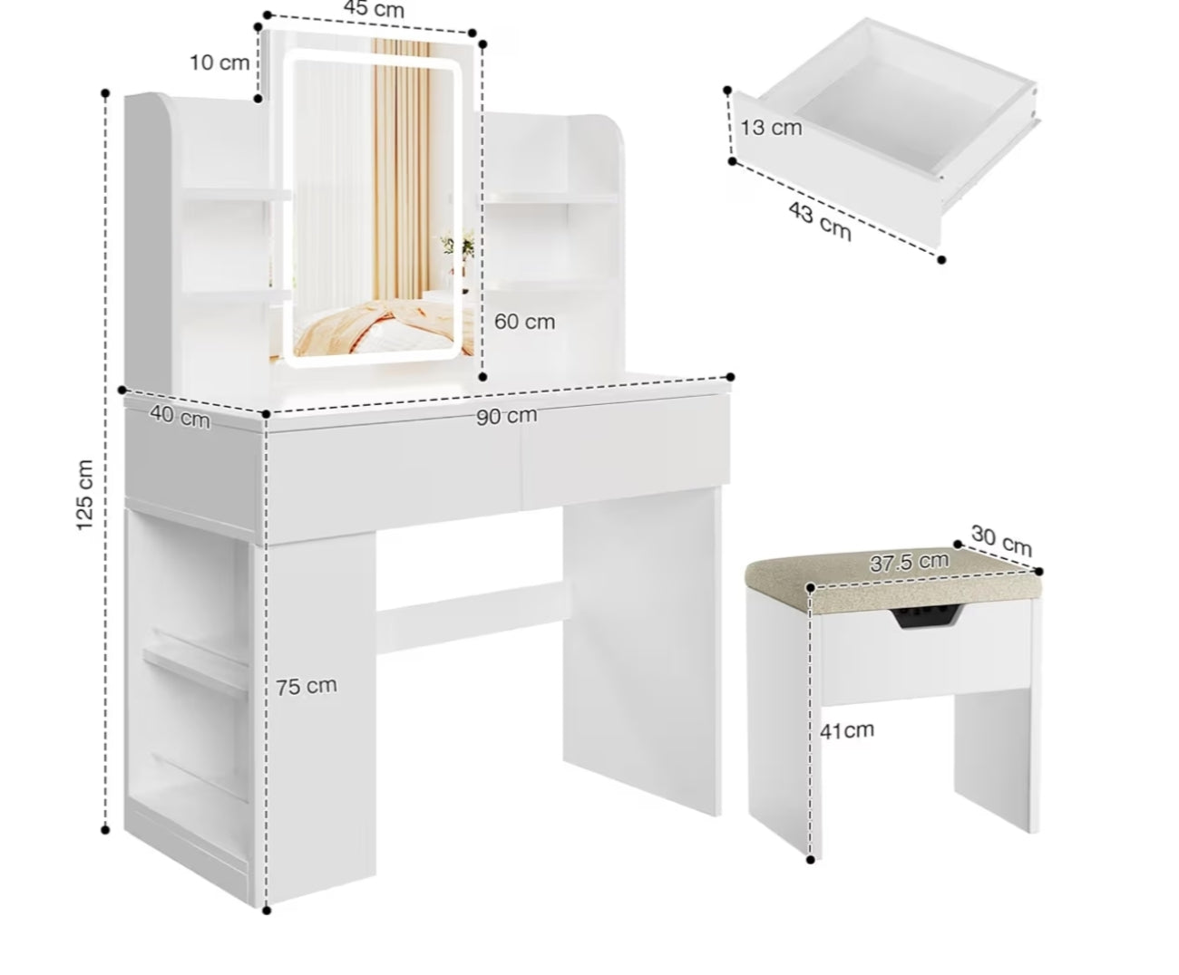 Dressing Table with Stool,Vanity Desk Set with LED Lights Mirror