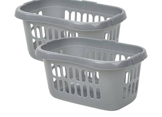 (Set of 2) - Plastic Hipster Rectangular Laundry Baskets for Washing Clothes  Linen Storage Bin Tidy Storage Basket Organiser for Bathroom Laundry Room, Kids Nursery (Silver)