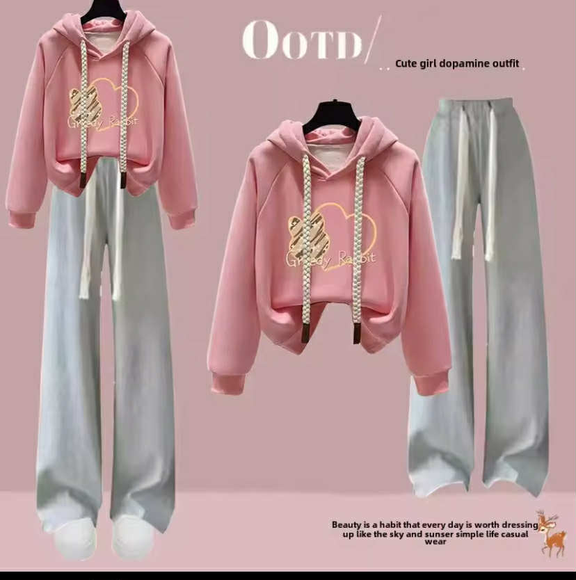 Stylish Women's Spring Autumn Hooded Sweatshirt Loose-Fit Top 2-Piece Set
