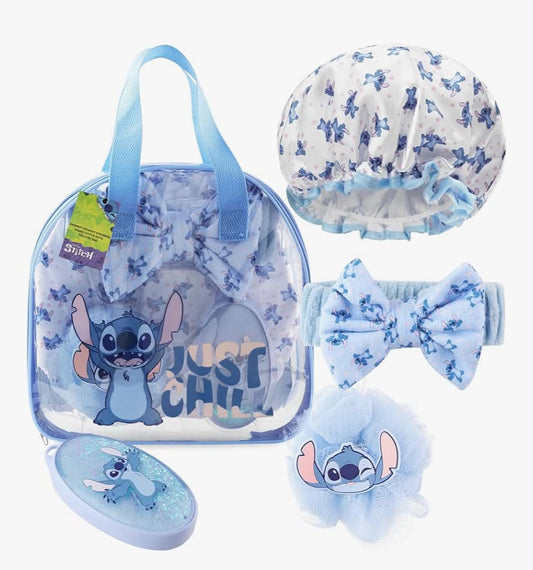 Disney Stitch Toiletry Bag & Shower Accessories Set Women Girls, Hair Brush Shower Cap Loofah for Teens, Holiday Travel Gym, Gifts for Her (Blue Stitch)