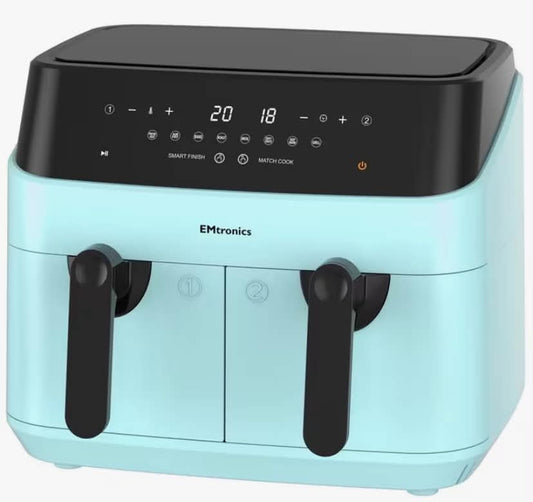 Dual Air Fryer Extra Large Family Size Double XL 9 Litre, 8 Adjustable Pre-Set Menus for Oil Free & Low Fat Healthy Cooking, Easy Clean Metal Interior, 99-Minute Timer - Aqua Blue