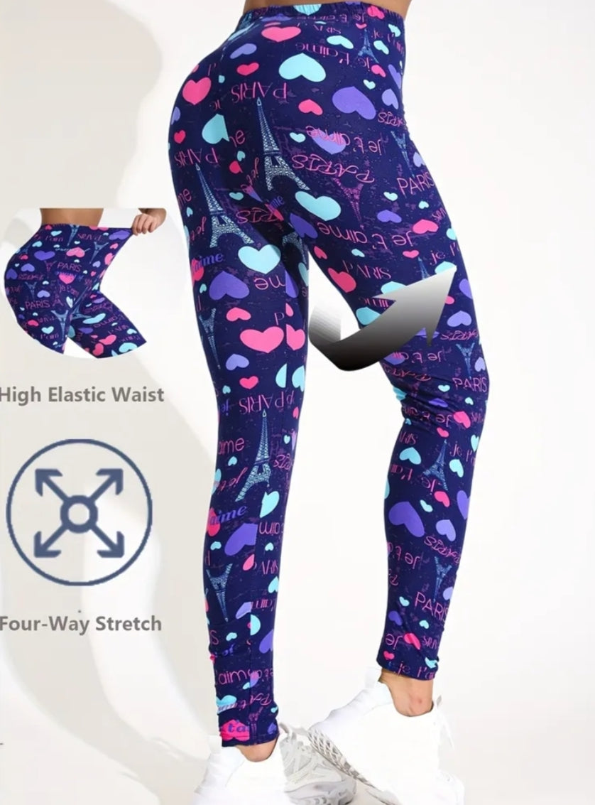 Fashionable Heart Print Tight-Fitting Leggings, Casual