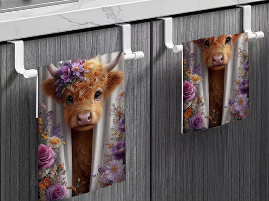 2 pcs Scottish Highland Cow Print Kitchen Towels