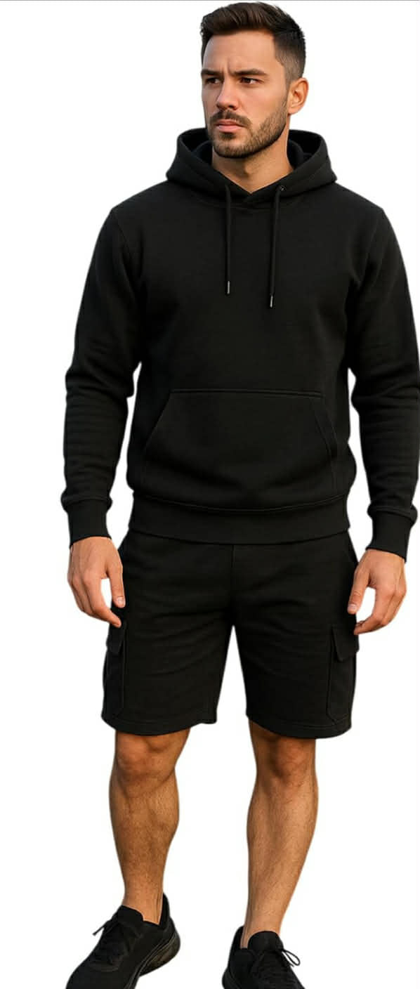 Men’s Tracksuit Set – Casual Pullover Hoodie & Cargo Shorts Co-ord Set Sports Gym Everyday Comfort Top & Bottom