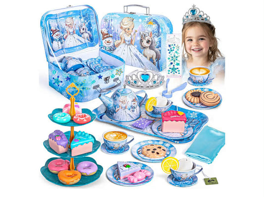 Kids Frozen Tea Party Set for Little Girls, Toddler Princess Tea Set w/ Carrying Case, Teapot, Elsa Tea Cup Set, Play Food & Jewelry,  for 3 4 5 6 7 8 Year Old Girls