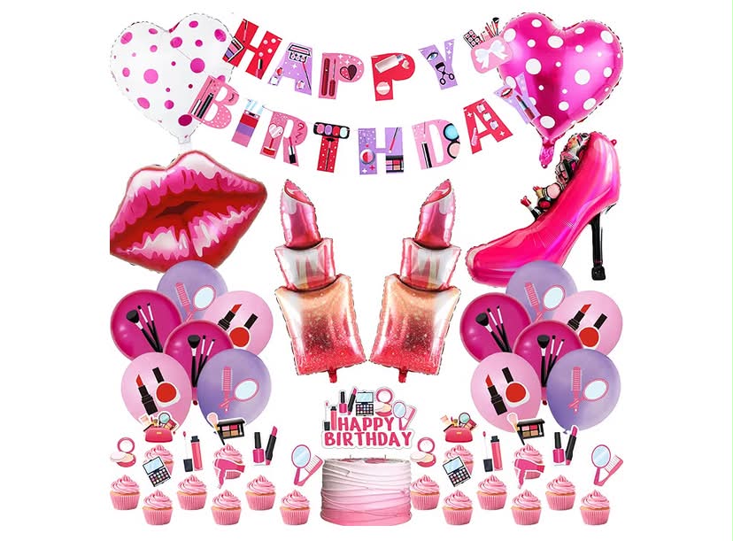 Makeup Birthday Party Decoration Girls - 36 Pcs Spa Party Banner Balloons Cake Toppers Lipstick Lips Foil Heart High Heels Balloon Supplies For Girl Women Ladies Make Up Birthday Bridal Showers