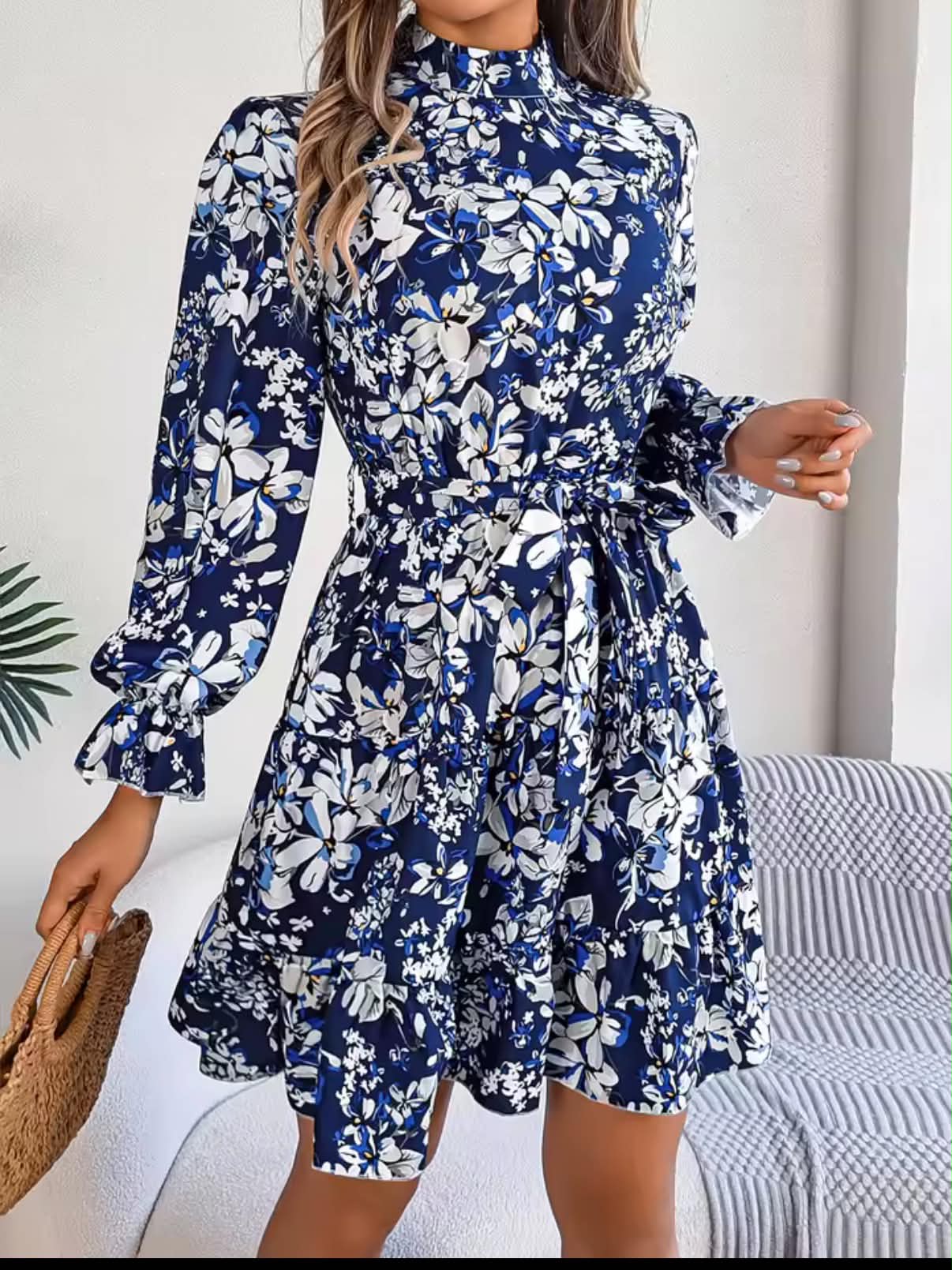 Elegant Mock Neck Belted Ruffle Hem