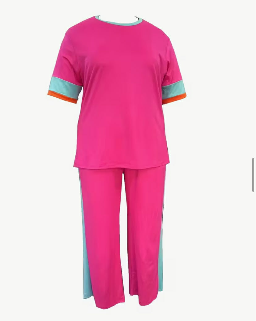 Plus Size Fashion Patchwork Casual Short Sleeve And Long Pants Two-Piece Set