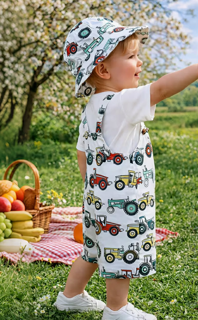 3 pcs Baby Boy Tractor Outfit/Short Sleeve T-Shirt, Shorts & Hat Construction Vehicle Theme Farm Clothes