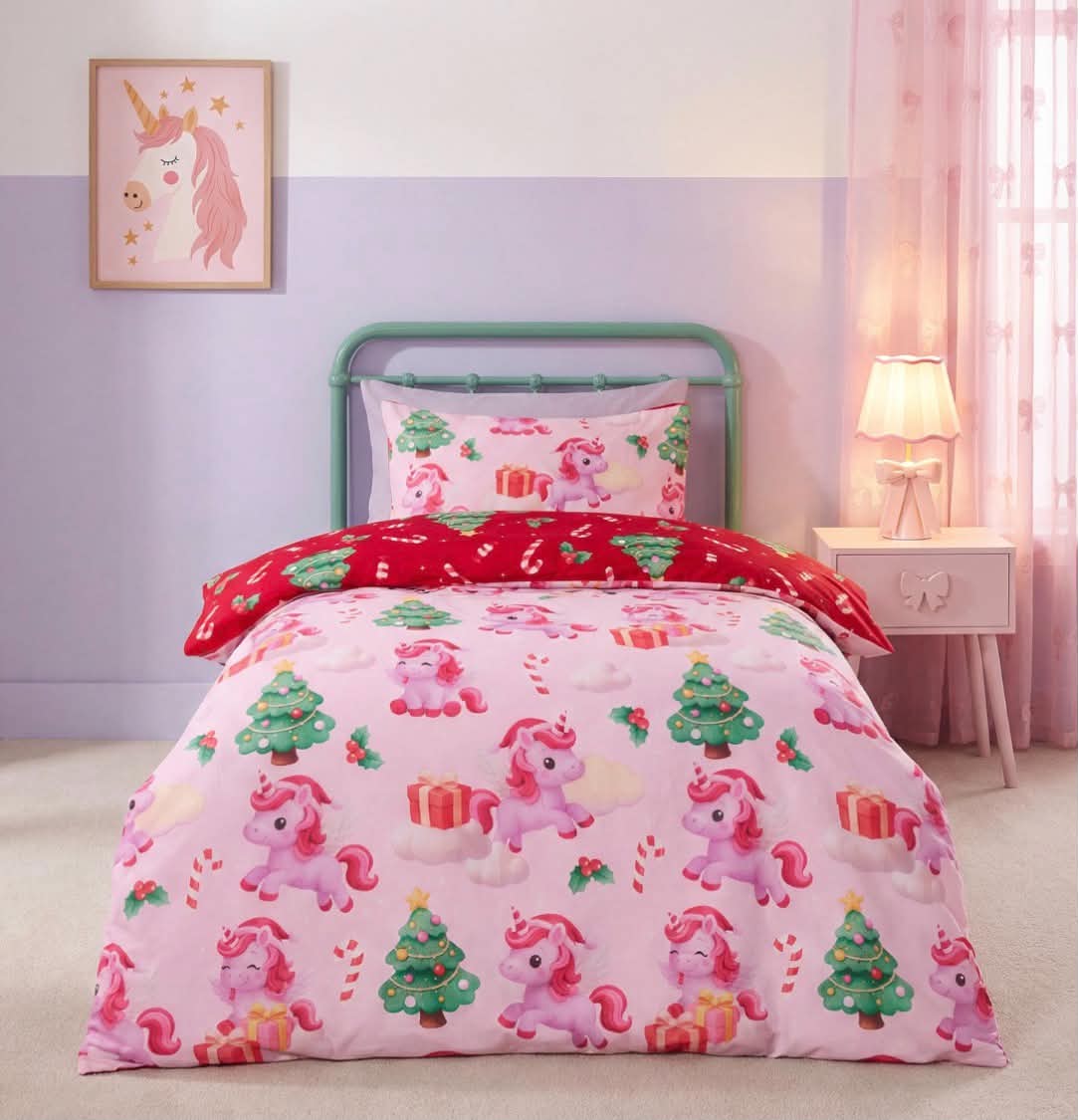Christmas Unicorn Print Reversible Duvet Cover Set, Pink/Red - Single