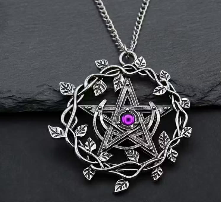 Vintage Pentagram Leaf Mosaic Purple Gemstone Pendant Necklace Women Fashion Wedding Party Jewelry Gifts