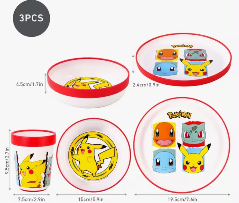 Pokémon 3 pcs Bicolor Premium Kids Dinner Tableware Set Plate, Bowl & Tumbler,