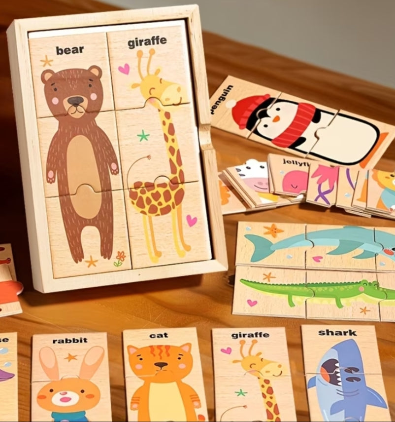 Wooden Animal Puzzle Suitable for - 3-Section Creative Building Board with Wood, Multicolor Animal Pieces for & Motor Skills Development - (3-Section Puzzle)