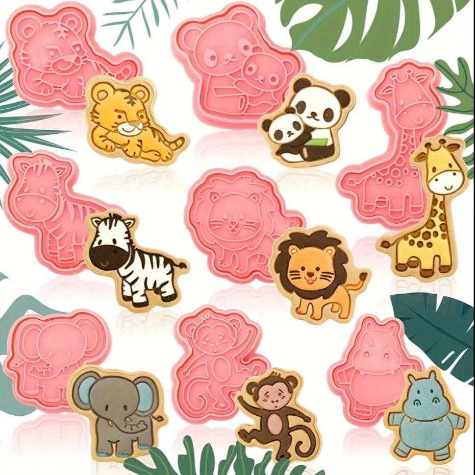 8pcs Jungle Animal Cookie Cutter Set with Plunger Stamps, Plastic Animal Cookie Molds, Baking Supplies
