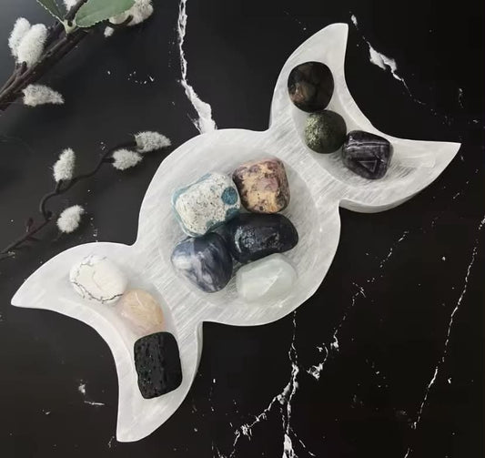 Selenite Triple Moon Bowl - Natural Jade Stone Ornament,
