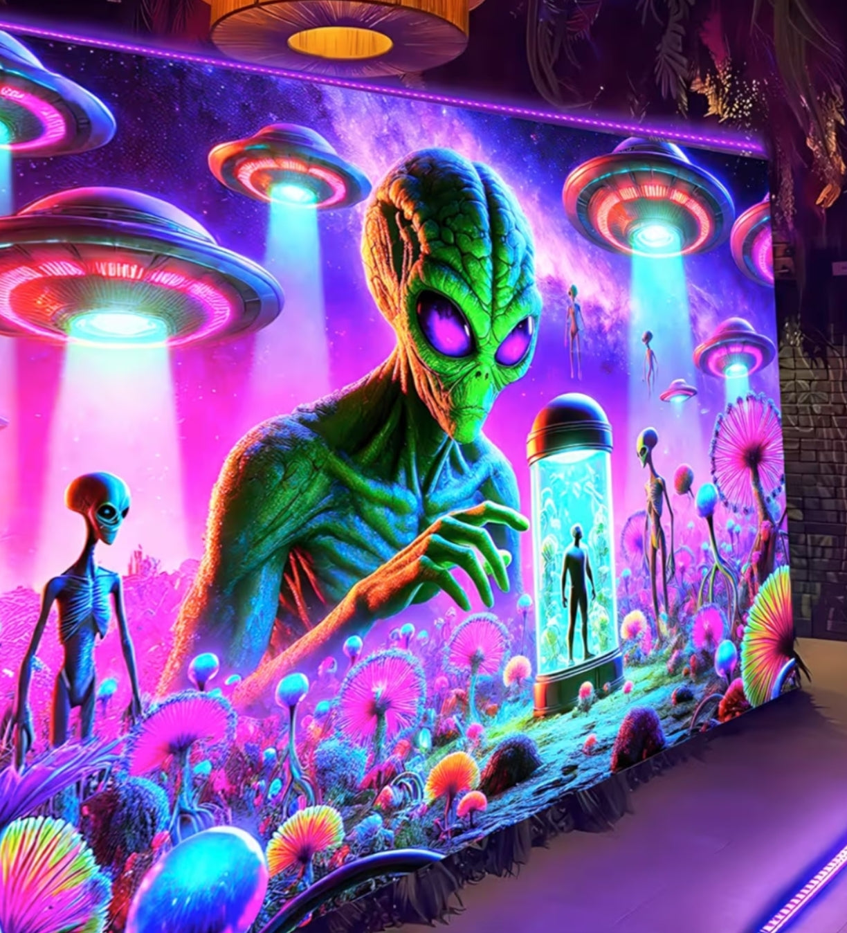 Blacklight Alien Tapestry 78"x51" UV Reactive Alien Abduction