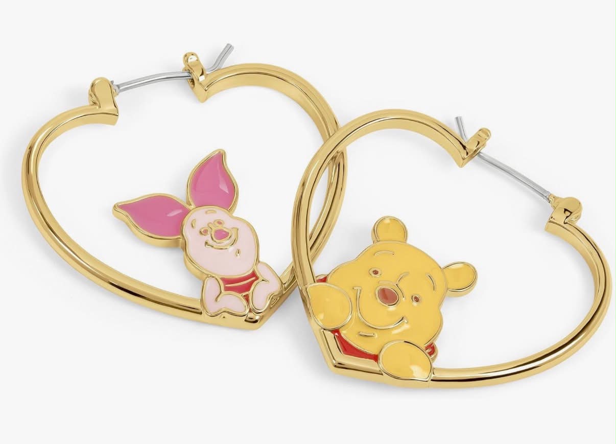 Disney Women's Winnie the Pooh and Piglet Gold Flash Plated Heart Hoop Earrings